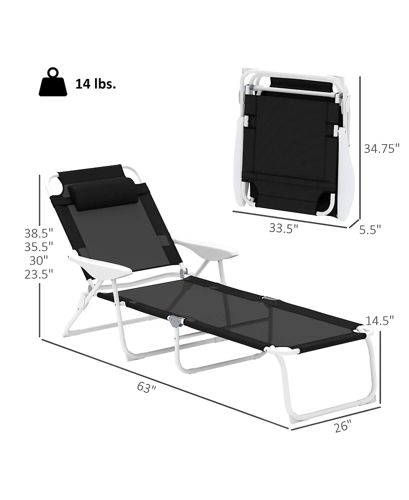 Outsunny Folding Chaise Lounge, Outdoor Sun Tanning Chair, Four-Position Reclining Back, Armrests, Iron Frame & Mesh Fabric for Beach, Yard, Patio, Bl