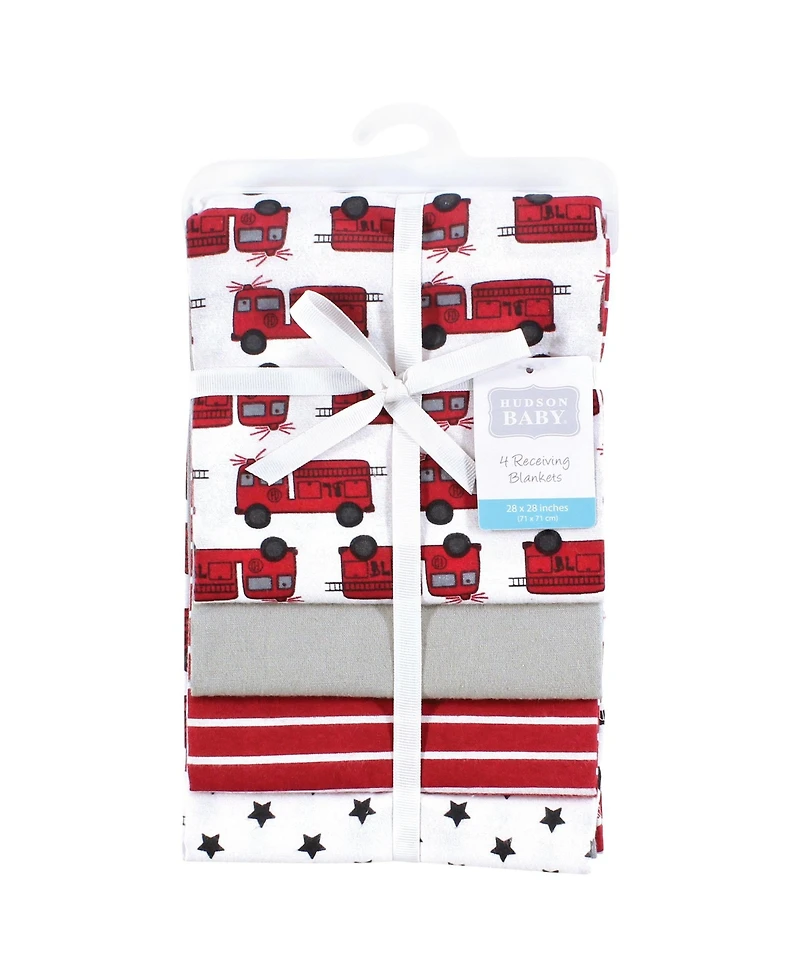 Hudson Baby Infant Boys Cotton Flannel Receiving Blankets 4-Pack, Fire Truck , One Size