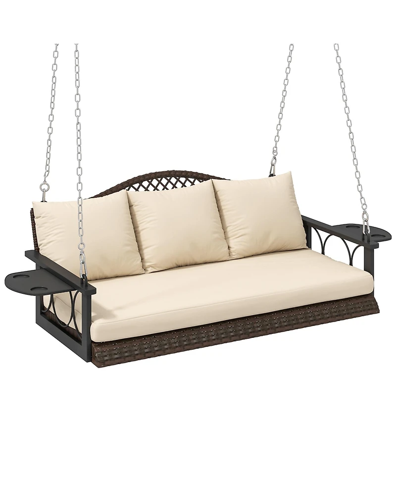Outsunny Wicker Porch Swing, Hanging Swing Bench with Cup Holder, Natural
