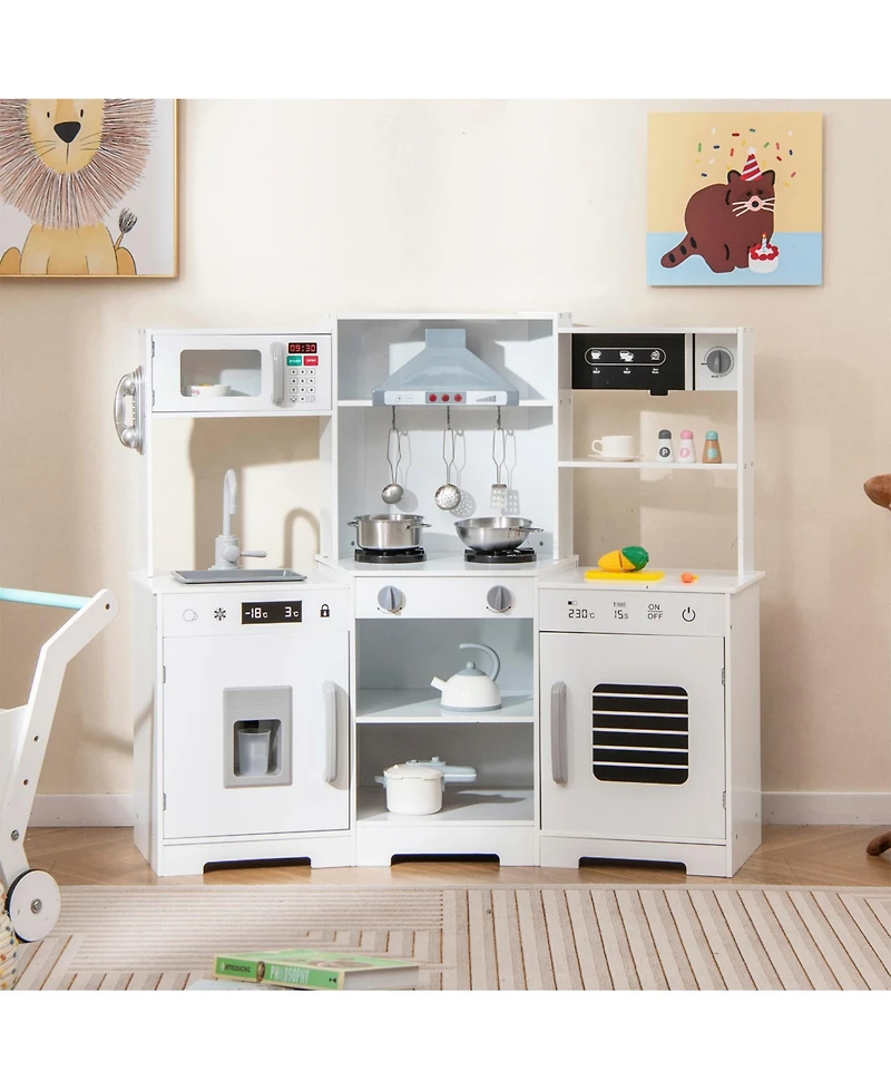 Sugift Pretend Play Kitchen Wooden Toy Set with Range Hood Real Sounds and Lights-White