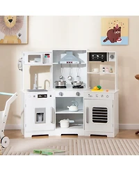 Sugift Pretend Play Kitchen Wooden Toy Set with Range Hood Real Sounds and Lights-White