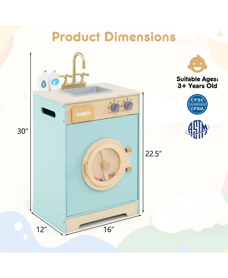 Skonyon Wooden Kids Laundry Playset with Washer, Sink, and Accessories