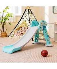 Sugif 3-in-1 Folding Slide Playset with Basketball Hoop and Small Basketball-Blue