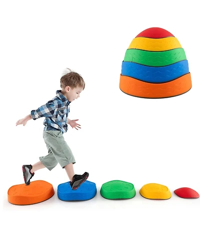 Sugift 5 Pieces Kids Stepping Stones Stackable Round River Stone Indoor Outdoor-Multicolor