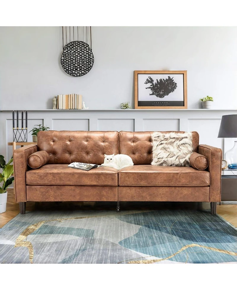 Aecojoy Faux Leather Sofa, 84.2-Inch Mid Century Modern 3-Seater Couch with 2 Bolster Pillows