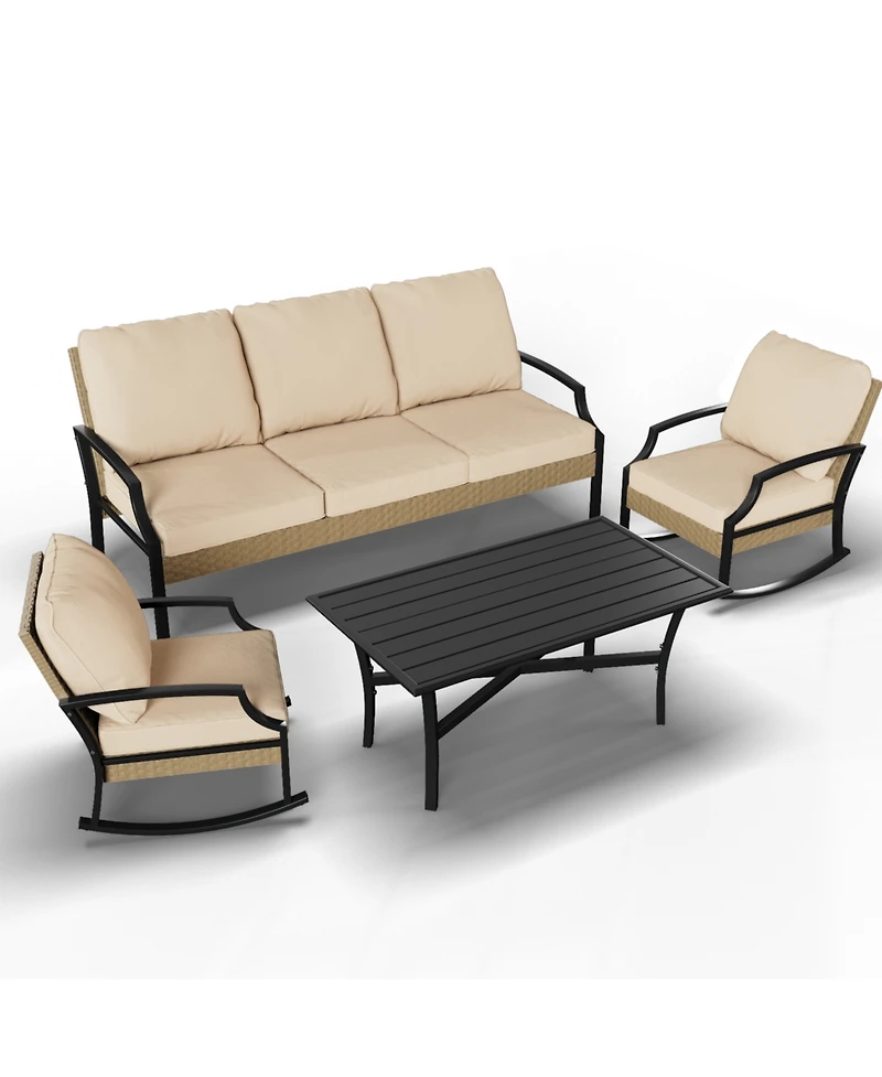 Aecojoy Outdoor Patio Furniture Set with Rocking Chair, 4 Piece Rattan Conversation Bistro Set with Coffee Table