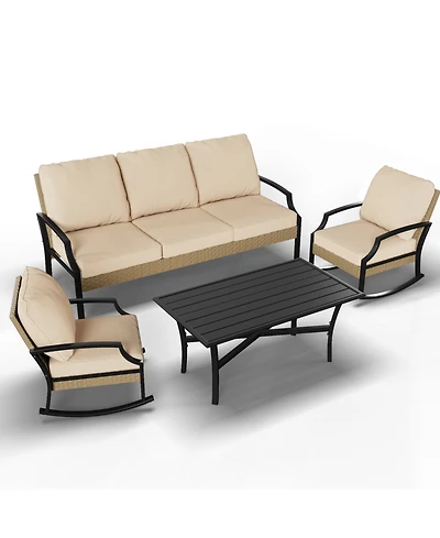 Aecojoy Outdoor Patio Furniture Set with Rocking Chair, 4 Piece Rattan Conversation Bistro Set with Coffee Table