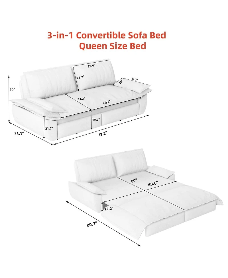 Maison Boucle 73.2" Queen Pull-Out Sofa Bed – 3-in-1 Convertible Velvet Sleeper with Chaise Lounge for Living or Guest Room