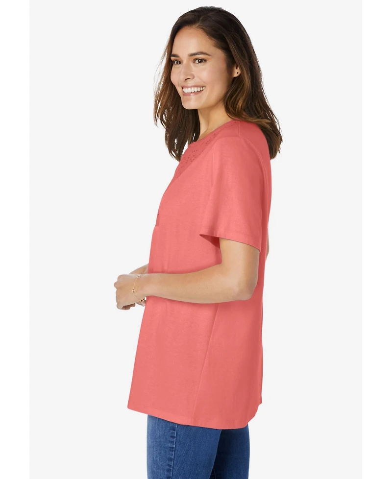 Woman Within Plus Size Eyelet Henley Tee