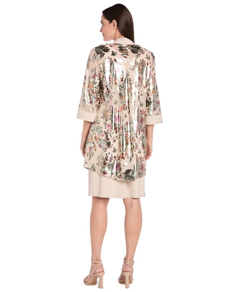 R & M Richards Women's 2-Piece Foil Printed Fingertip Jacket Dress with Solid Tank and Detachable Necklace