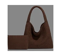 Susu Brown and Espresso Suede Woven Hobo Bag Large Slouchy Shoulder Tote Handbag for Women Soft Braided Texture Work Purse