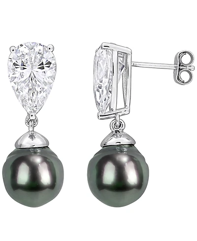 Macy's Cultured Tahitian Pearl (10-10.5mm) and White Sapphire (10-3/4 ct. t.w.) Drop Earrings in Sterling Silver