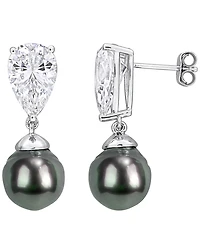 Macy's Cultured Tahitian Pearl (10-10.5mm) and White Sapphire (10-3/4 ct. t.w.) Drop Earrings in Sterling Silver