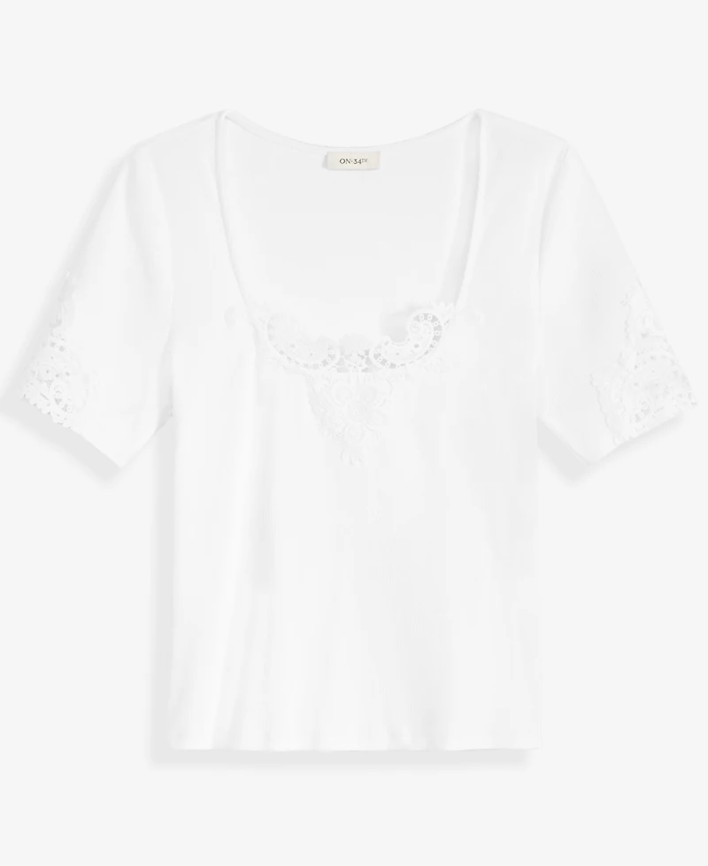 On 34th Women's Knit Short-Sleeve Lace-Inset Top, Macy's Exclusive