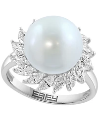 Effy Collection Freshwater Pearl (11mm) and Lab Grown Diamond Ring (7/8 ct. t.w.) in 14K White Gold