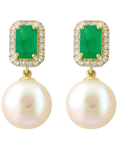 Effy Collection Freshwater Pearl (9mm), Diamond (1/5 ct. t.w.) and Emerald (1-1/10 ct. t.w.) Earring in 14k Yellow Gold