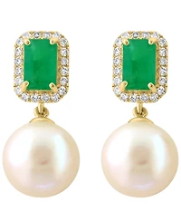Effy Collection Freshwater Pearl (9mm), Diamond (1/5 ct. t.w.) and Emerald (1-1/10 ct. t.w.) Earring in 14k Yellow Gold