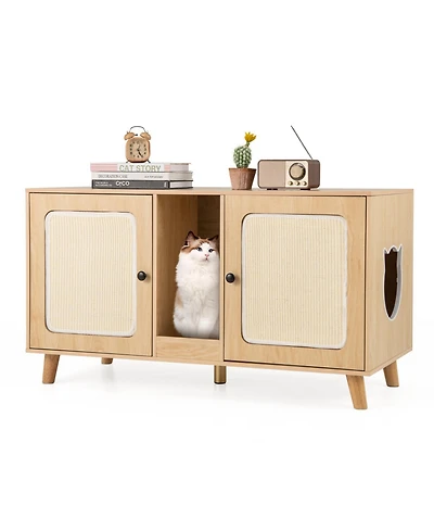 Gymax 43'' Cat Litter Box Enclosure for 2 Cats w/ Double Rooms Sisal Scratching Mats