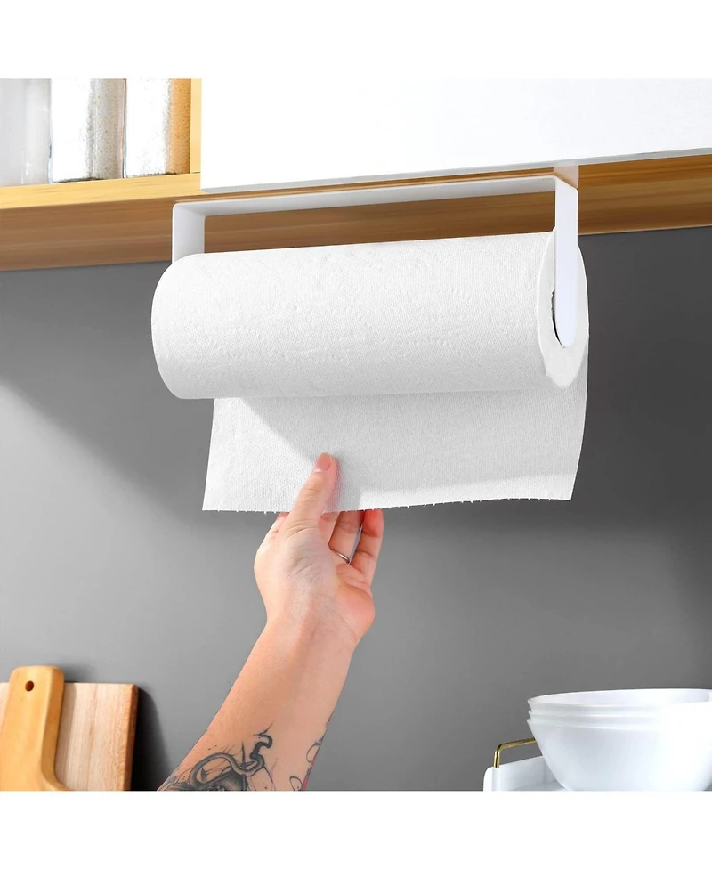Adhesive Paper Towel Holder Under Cabinet - Stainless Steel Paper Towel Rack Stick on Wall Mount for Kitchen, White