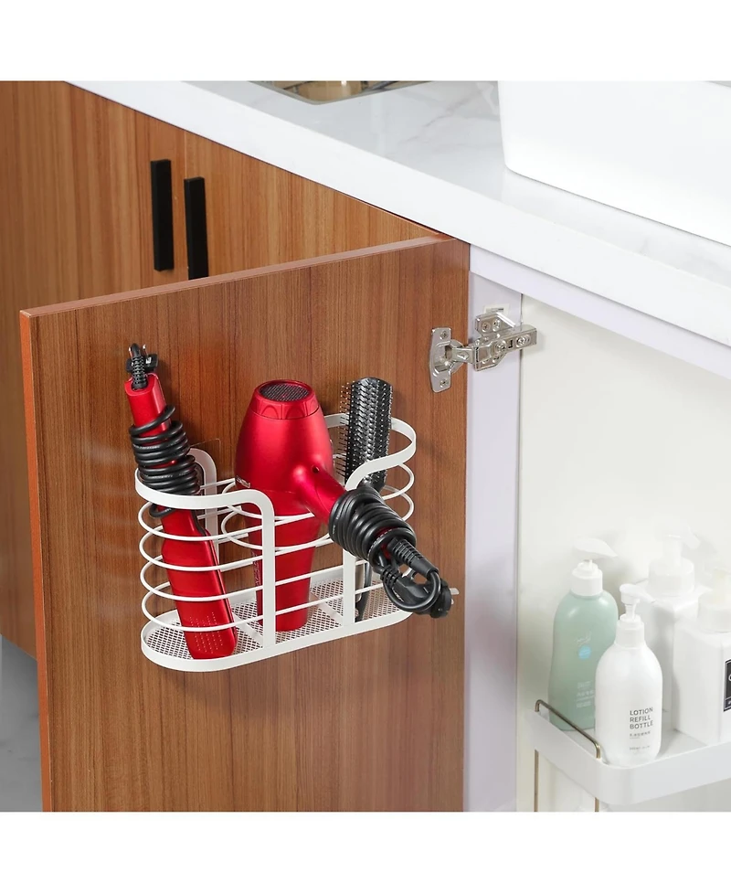 White Hair Dryer Holder - Adhesive Blow Dryer Holder/Hair Tool Organizer Bathroom Organizer Stick on Wall Mounted Multi-Functional Hair Dryer Rack