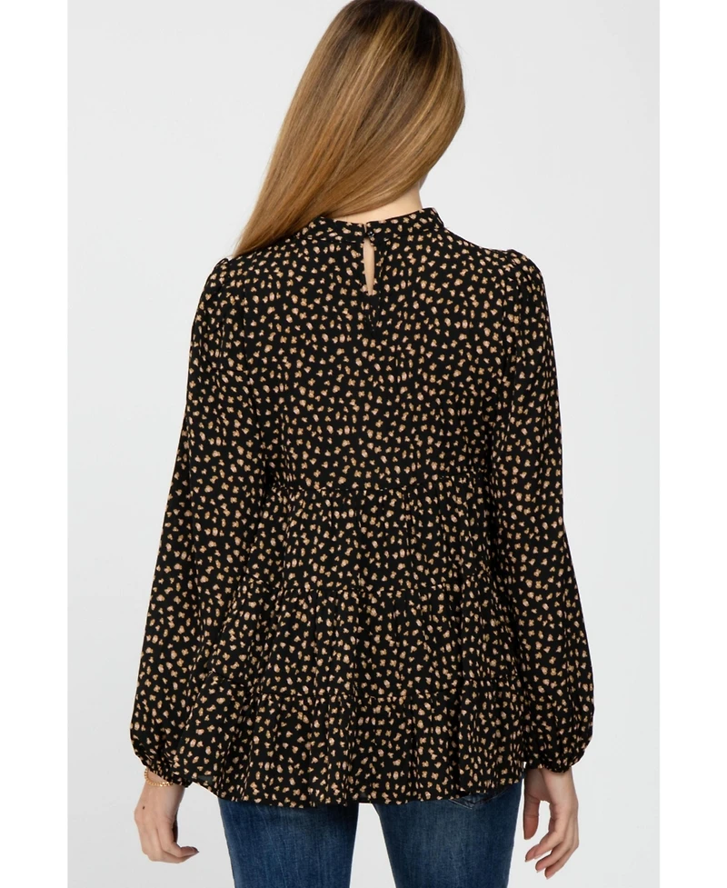 Pinkblush Maternity Black Animal Print Mock Neck Tiered Top