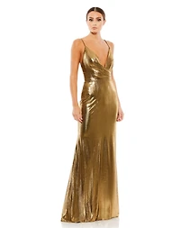 Mac Duggal Women's Ieena Metallic Faux Wrap Spaghetti Strap Gown