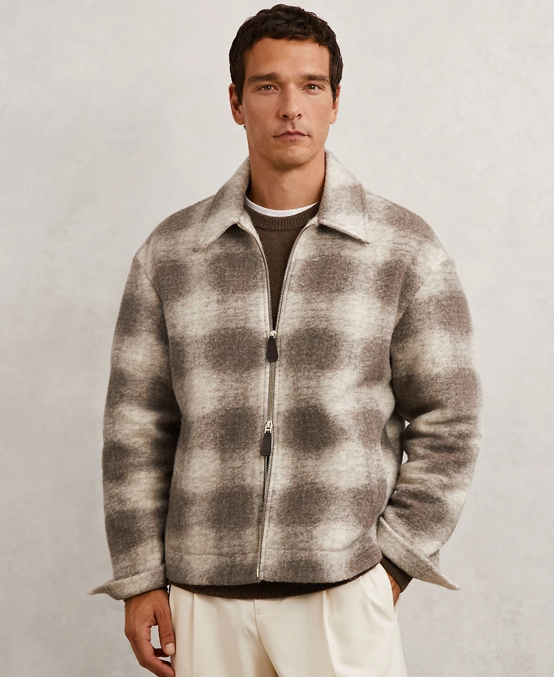 Reiss Men's Brushed Check Zip-Through Wool Overshirt