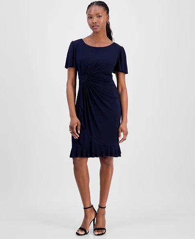 Connected Petite Side-Gathered Flutter-Sleeve Dress