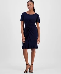 Connected Petite Side-Gathered Flutter-Sleeve Dress