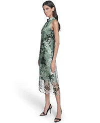 Vince Camuto Women's Printed Organza Overlay Mock Neck Midi Dress