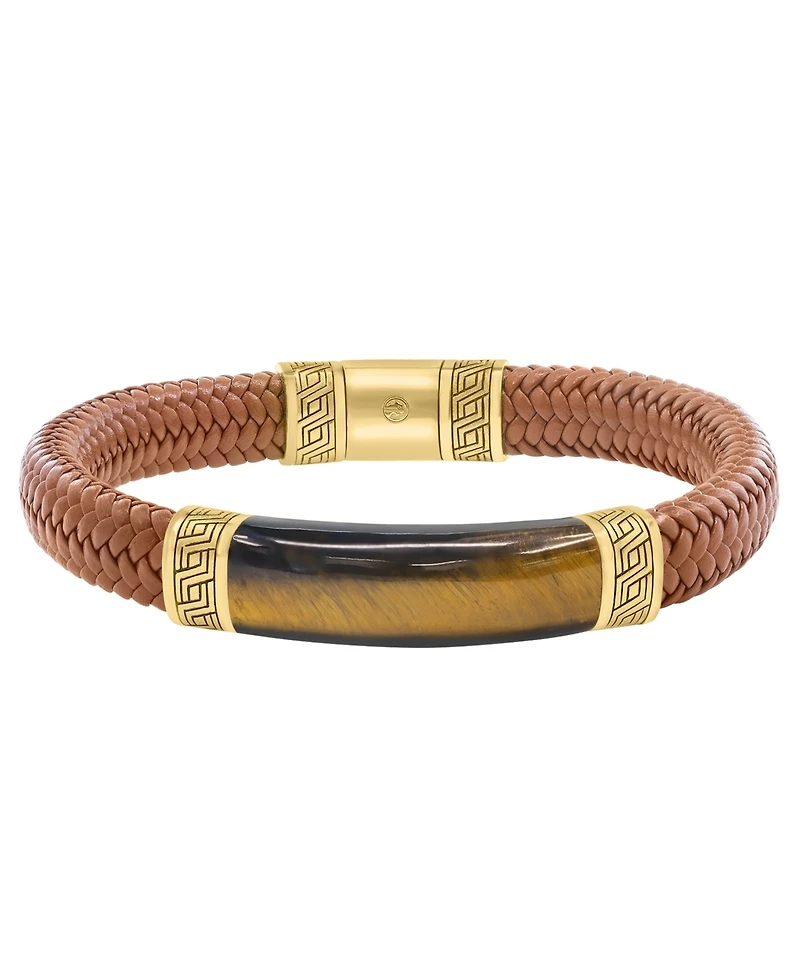 Effy Collection Men's Tigers Eye (27-3/8 ct. t.w.) Bracelet in Brown Leather with 18k Gold