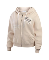 Wear by Erin Andrews Women's Cream Milwaukee Bucks Plus Tonal Felt Patch Full-Zip Hoodie