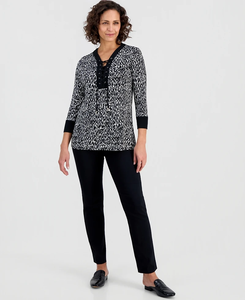 Jm Collection Women's Lace-Up 3/4-Sleeve Printed Top, Created for Macy's
