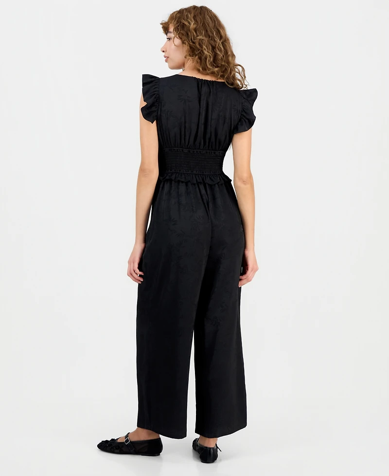 And Now This Petite Jacquard Smocked-Waist Ruffle Jumpsuit, Macy's Exclusive
