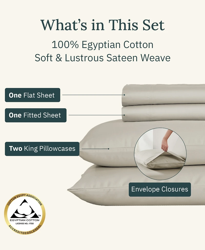Certified Luxury 100% Egyptian Cotton Sheets, 4 Pc King Sheets for Bed Set, Sateen Cooling Hot Sleepers by California Design Den