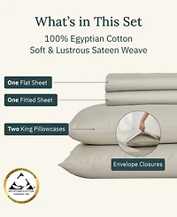 Certified Luxury 100% Egyptian Cotton Sheets, 4 Pc King Sheets for Bed Set, Sateen Cooling Hot Sleepers by California Design Den