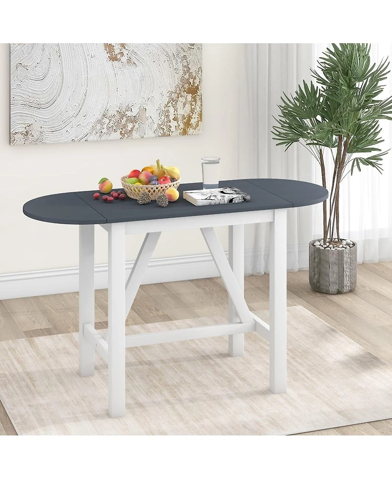 Maison Boucle 3-Piece Drop Leaf Counter Height Dining Set for Small Spaces, White and Navy Kitchen Table with 2 Upholstered Bar Chairs