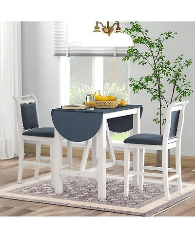 Maison Boucle 3-Piece Drop Leaf Counter Height Dining Set for Small Spaces, White and Navy Kitchen Table with 2 Upholstered Bar Chairs