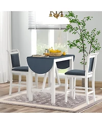 Maison Boucle 3-Piece Drop Leaf Counter Height Dining Set for Small Spaces, White and Navy Kitchen Table with 2 Upholstered Bar Chairs