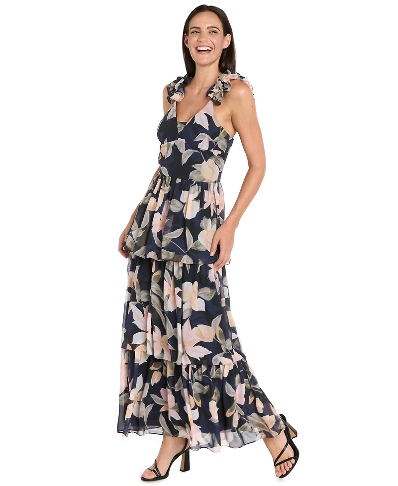 R & M Richards Women's Long Tiered Ruffled Shoulder Maxi Dress