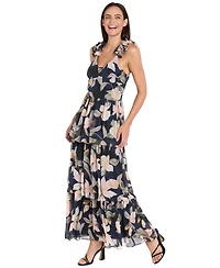 R & M Richards Women's Long Tiered Ruffled Shoulder Maxi Dress