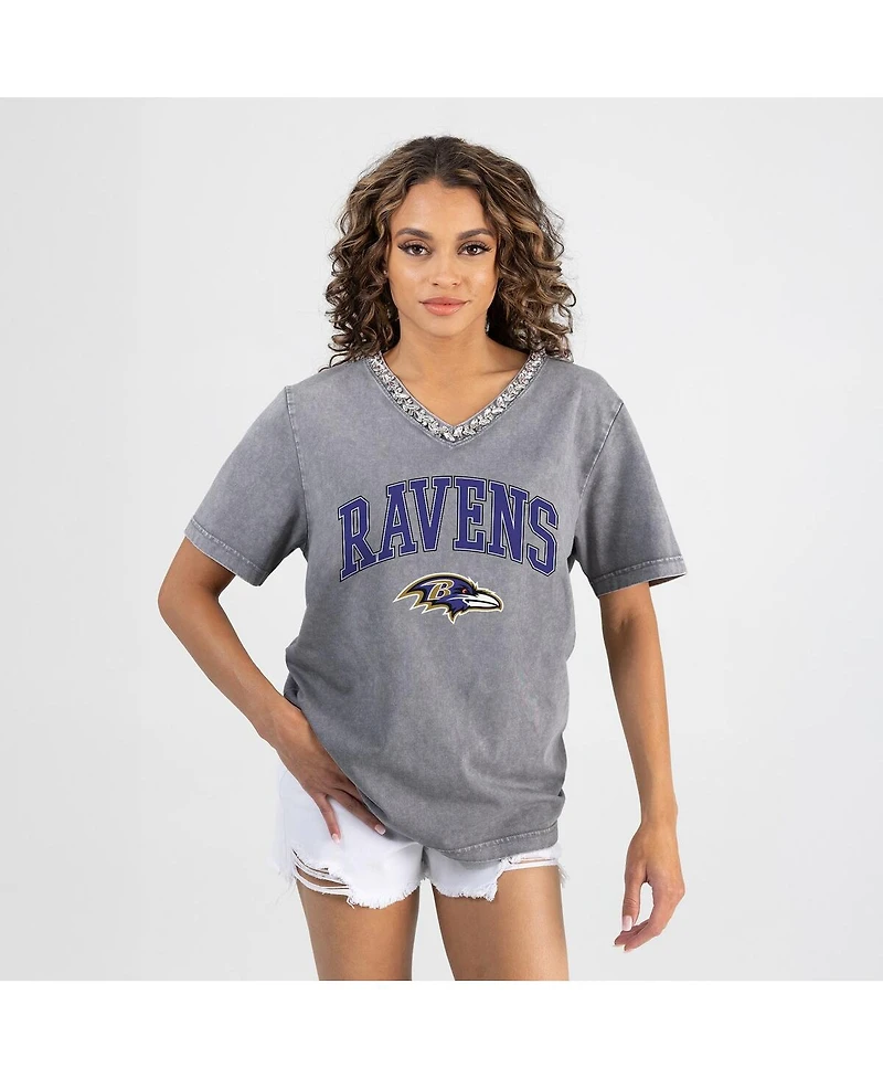 Gameday Couture Women's Gray Baltimore Ravens Relaxed Iconic Edge Rhinestone V-Neck T-Shirt