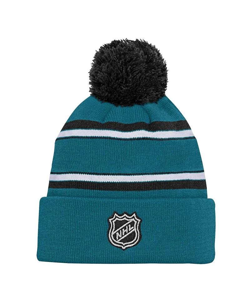 Outerstuff Big Boys and Girls San Jose Sharks Teal Jacquard Cuffed Knit with Pom Hat