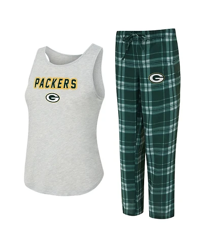 Concepts Sport Women's 2-Piece Heather Gray/Green Bay Packers Regulate Plaid Tank Top and Pants Sleep Set