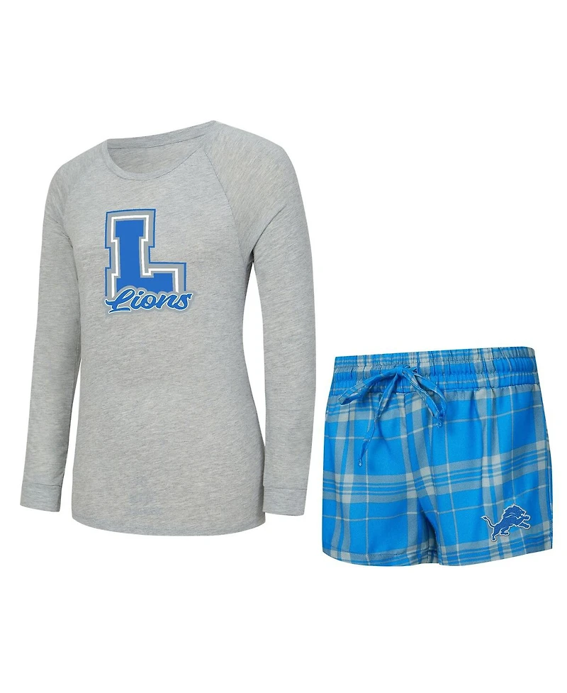 Concepts Sport Women's 2-Piece Heather Gray/Blue Detroit Lions Regulate Plaid Long-Sleeve T-Shirt Shorts Sleep Set
