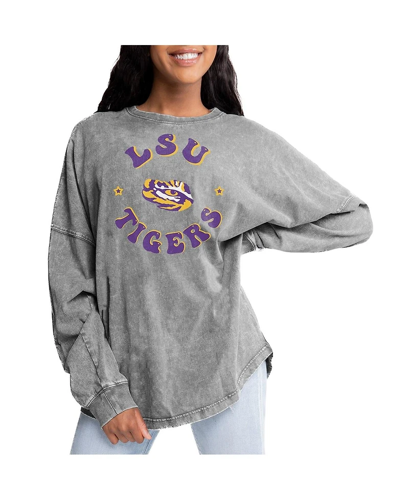 Gameday Couture Women's Gray Lsu Tigers Playing Around Faded Wash Oversized Long Sleeve T-Shirt