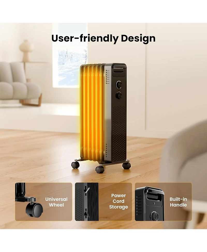Cowsar Portable Electric Radiato Portable Electric Radiator Heater,Space Oil Filled Heaters with 3 Heat Settings, Overheat & Tip-Over Protection,1500W