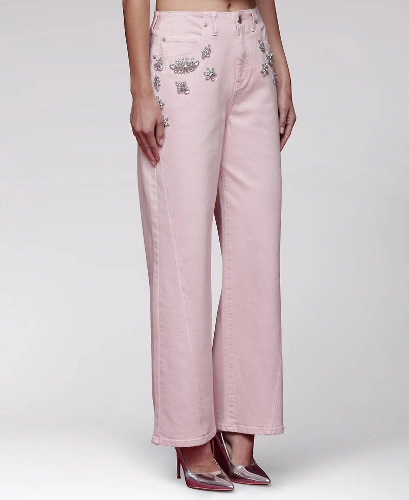 Avec Les Filles Women's Rhinestone-Trim Hollywood-Waist Wide-Leg Jeans