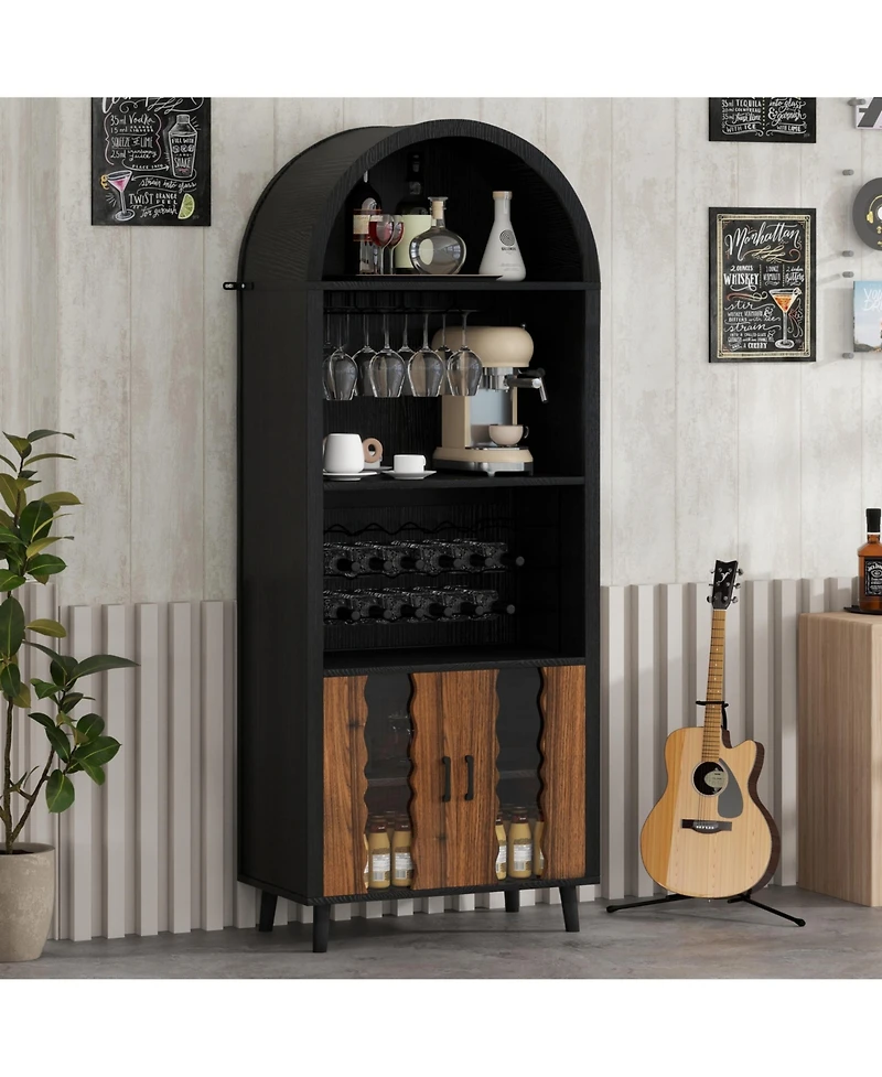 Casainc 71" Farmhouse Arched Wine Bar Cabinet with Wine Rack, Glass Holder, Whiskey Station for Living & Dining Rooms