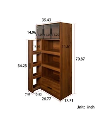Casainc 70.87" Tall Kitchen Pantry Cabinet with Pull-Out Multi-Tier Shelf, 1 Drawer, Aluminum Frame Glass Door, Freestanding Storage